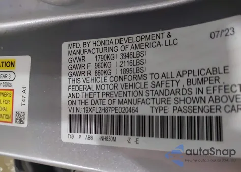 2023 Honda Civic Sport из США, поврежденный, VIN 19XFL2H87PE020464